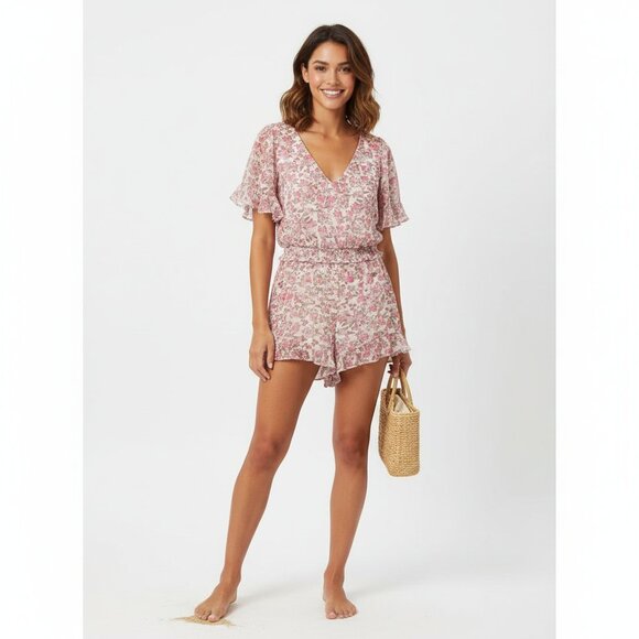 BB Dakota Pink Floral Short Sleeve Jumpsuit – Size S | Elastic Waist, Flowy Fit - Picture 1 of 9